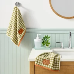 2pk Pumpkin Gingham Harvest Hand Towel Set Olive Green - Room Essentials™