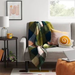 Printed Plaid Plush Throw Blanket Green Multi - Room Essentials™: Lightweight Knitted Fleece, 50x60, Machine Washable