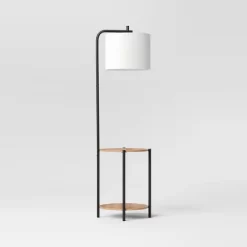 Floor Lamp With Table Natural Wood - Room Essentials™: ETL Listed, Linen Shade, Metal Body, 60" Height